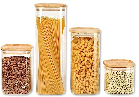 Schramm® Juego de tarros de almacenamiento de 4 ó 5 piezas cuadradas con tapa de bambú en 6 tamaños diferentes tarros de almacenamiento tarro de almacenamiento hermético, Talla:1400 ml