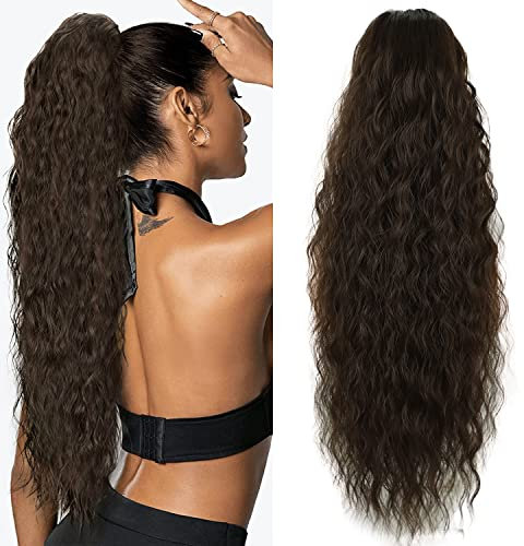 Ponytail Extension Braun Pferdeschwanz Haarteil Clip in Extensions Locken mit Kordelzug lang Haarverlängerunge Kunsthaar Haarteil Gewellt Afro zopf 65cm AL061B