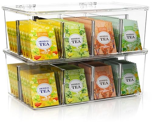 KICHLY Plastic Tea Bag Holder (Pack of 2) Plastic Tea Box Organizer With Lid - 8 Compartments Organizer for Kitchen Countertops, Cabinets, Pantry (Clear)