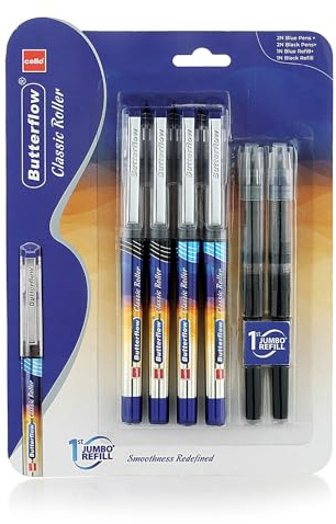 Cello Butterflow Classic Tintenroller-Set, 4 Stück, 2 blaue & 2 schwarze Tintenfarbstifte + 2 Jumbo-Minen, glattes Schreiberlebnis, für Studenten und Büro, bester Stift für Prüfungen