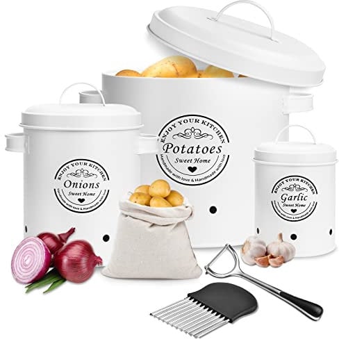 TAVADA Kartoffel Aufbewahrungsbox 3er Set,Zwiebeltopf und Knoblauchtopf Belüftet Vorratsbehälter Set,Zwiebel Aufbewahrung,Aufbewahrung Kartoffeln Zwiebeln Knoblauch Aufbewahrung(weißer)