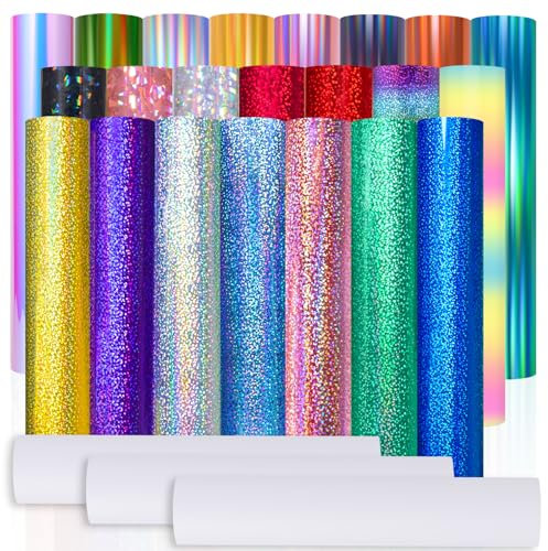 VINYL FROG Lot de 25 feuilles de vinyle holographique permanent arc-en-ciel, 22 couleurs assorties, autocollant en vinyle avec 3 rubans de transfert pour projets de bricolage