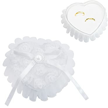 xyuayamz Cuscino Porta Fedi Matrimonio Scatola - Per Anelli A Forma Di Cuore Nuziali Con Gonna In Pizzo Organizzatore Gioielli Fiocchi Bianchi Gadget Antipolvere Copertura (1 Pezzo, Bianco)