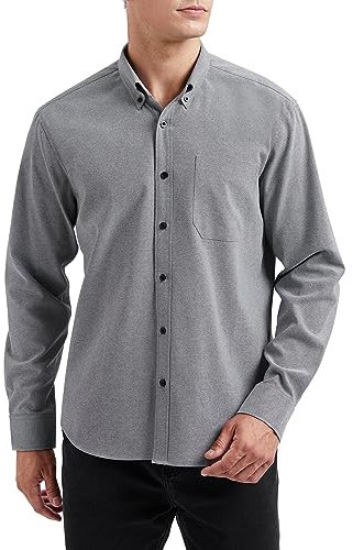 HISDERN Men's Grey Shirts Long Sleeve Casual Button Down Oxford Shirt for Men Regular Fit L