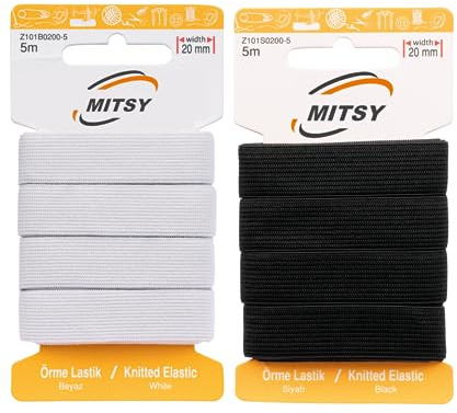 Reißfeste Gummiband Flachgummi 20 mm 5 Meter Schwarz & 20 mm 5 Meter Weiß | MITSY Gummibänder zum Nähen, Breit, Elastisch, Gummilitze für Handarbeit, Hosengummi, Basteln & DIY, Langlebig & Formstabil