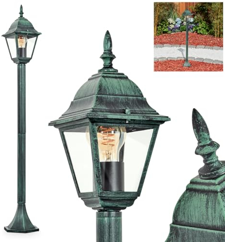 Außenwegeleuchte Naofe, Wegeleuchte aus Metall/Glas in Schwarz-Grün/Klar, Sockelleuchte in antikem Look, Höhe 104 cm, Gartenlampe, Gartenbeleuchtung IP44, 1 x E27, ohne Leuchtmittel