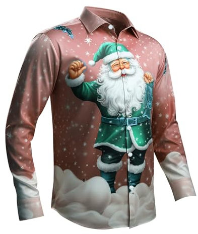 PAIDAXING Men's Christmas Shirts Funny Santa Clus Digital 3D Printed Tops Casual Button Down Lapel Long Sleeve Polo Shirts Graphic Xmas Tshirts Blouse Christmas Outfits for Men UK Watermelon Red