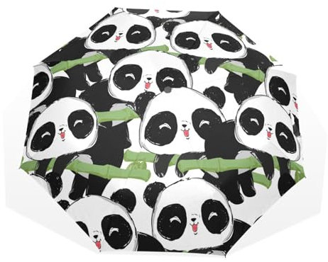Quteprint 3-fach faltbarer Reise-Regenschirm, niedliches Panda-Tier, winddicht, faltbar, 8 Rippen, langlebiger Regenschirm, tragbarer Sonnenschirm, UV-beständig, leicht, kompakter Regenschirm für