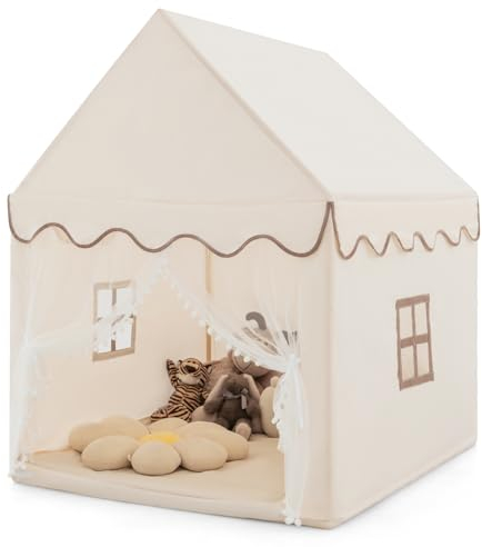 GOPLUS Spielhaus Kinder Indoor, Kinderzelt mit gepolsterter Matte, 2 Fenster, Vorhänge, Hausform Spielzelt für Kleinkinder, Zelt Kinderzimmer mit Holzrahmen für Mädchen & Jungen ab 3 Jahren (Beige)
