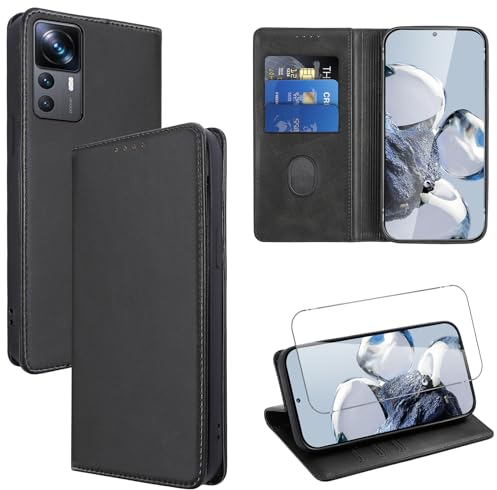 Vauki Hülle Leder für Xiaomi 12T Pro 5G Handyhülle mit 1 Schutzfolie, Standfunktion Kartenfach Wallet Schutzhülle Flip Case Cover Stoßfeste Klapphülle für Xiaomi 12T Pro 5G 6.67,Schwarz