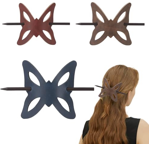 NICENEEDED Mollette per Capelli In Pelle Da 3 pz con Bastoncino, Fermagli per Capelli A Farfalla, Perni per Capelli, Bastoncini per Capelli, Porta Coda di Cavallo, Copricapo