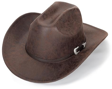 FGSS Cowboyhut für Herren, PU-Leder, breite Krempe, Fedora-Gambler-Hut, Outback-Hut mit Schnalle für Damen, Braun, MEDIUM