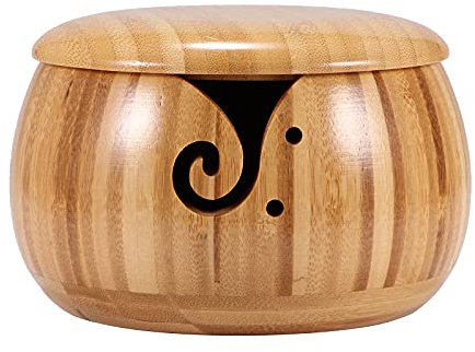 Ulsam Bamboo Yarn Bowl, Knitting Bowl Handmade Yarn Storage with Removable Lid, 15.5 * 9.5CM, Large Size Wool Keeper Holder Gift for Mother, Wife, Sister, Daughter