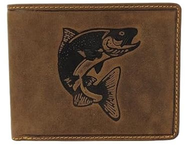 Green Deed - Geldbörse Herren - Geschenk für Naturliebhaber, Angler, Jäger - Geldbeutel Herren - Portemonnaie aus Leder, Braun - Männer Geschenke - mit Motiv Fisch Lachs