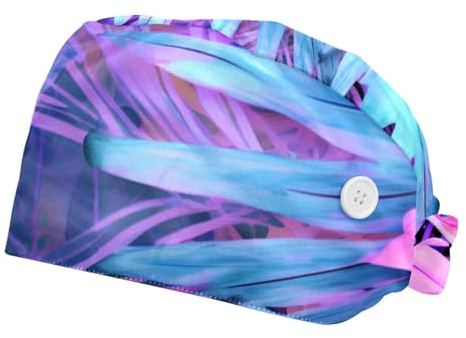 CWAGFEQZ 2-Pc Bouffant Nurse Hats,Scrub Cap Verstellbare Scrub Hats mit Schweißband,Aquarellbaum der tropischen Blätter