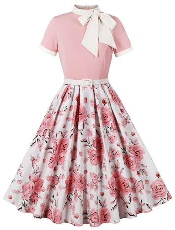 Odizli Robes Rockabilly pour femme années 50 vintage à manches courtes cravate à pois fleurs swing longueur genou robe coctail avec ceinture
