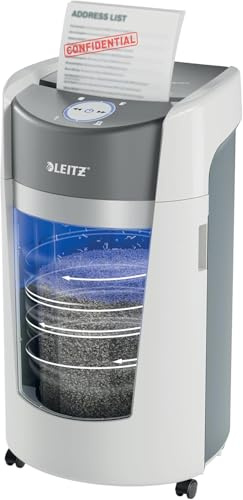 Leitz IQ Optimax Office 550 P5 Aktenvernichter, Mikroschnitt, Einzigartige Behälterrotation, 33% mehr Behälterkapazität, 550xA4 (35l-Behälter), 12-10 Blatt (70-80 g/m²), 120 Min Laufzeit, 83600000