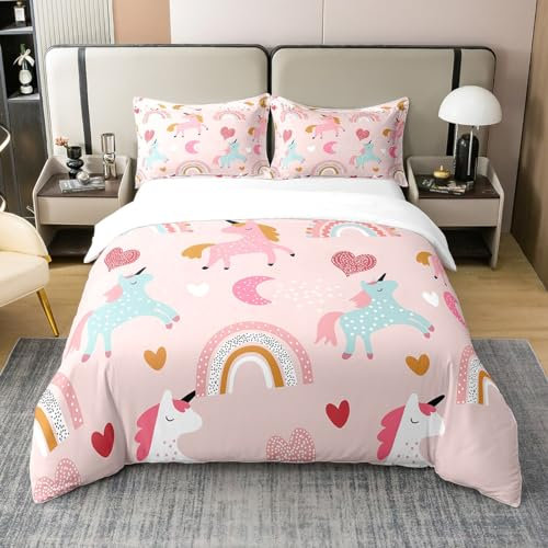 Loussiesd Einhorn Bettwäsche Kinder Mädchen Einhörner Bettwäsche Set 155x220cm 100% Baumwolle für Jugendliche Teenager Rosa Pferd Herz Regenbogen Bettwäsche Tiere Motiv Bettwäsche Bunt, Weich