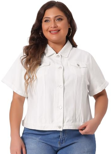 Agnes Orinda Women's Plus Size Denim Jacket Button Front Work Crop Jean Short Sleeve Jackets White XXL