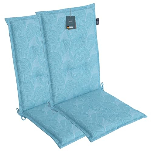 LILENO HOME Gartenstuhl Auflagen als [2er Set - Hochlehner] in Blätter Aqua - Bequeme Liegen als Sitzauflagen für Gartenmöbel - Stuhlkissen für Gartenstühle und Klappstühle