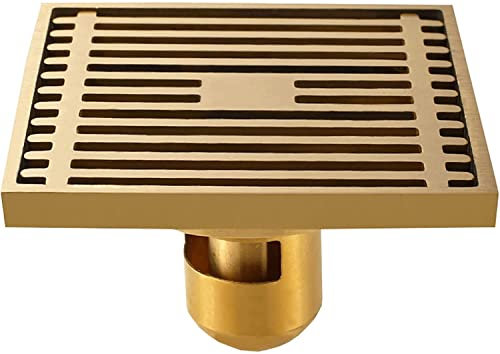Quadratischer Duschablauf mit Haarsieb, 10,2 cm, Messing, Bodenablauf für Küche, Waschraum, Garage, Keller, abnehmbare Abdeckung, Gitterrost, goldfarben