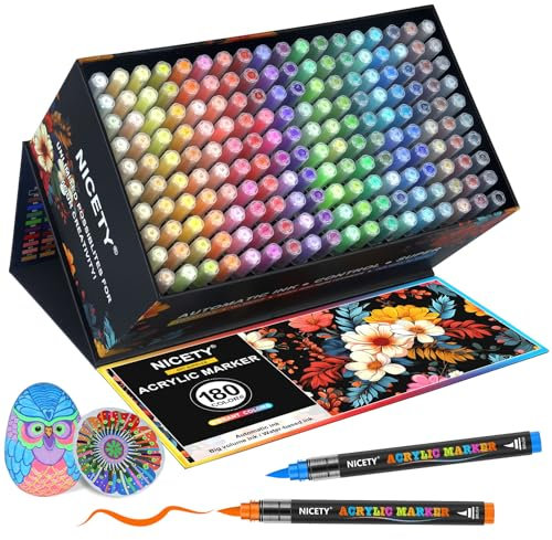NICETY 180 Colors Acrylic pens - Brush Markers for Painting on Stone, Wood, Glass, Ceramics - Brush Tip 1-6mm, Water Based Acrylic Markers for Adults