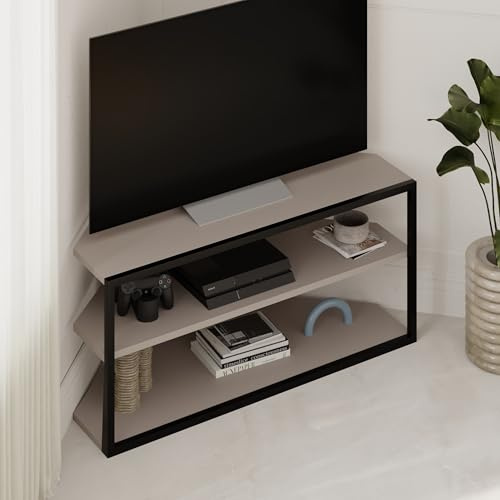 HOCUS PICUS Moderner Eck-Fernsehtisch für Fernseher bis zu 43 Zoll, TV-Schrank Entertainment Center mit Ablagefach, Metallrahmen, Spanplatten-TV-Einheit für Wohnzimmer Schlafzimmer (Helles Mokka)
