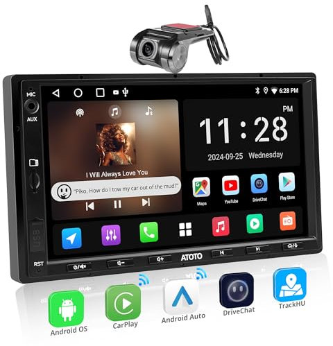 ATOTOEXCEL A5L Android Double DIN Car Stereo, 7 inch Wireless CarPlay, Wireless Android Auto Touchscreen with 1080P Front DVR Cam, WiFi/BT/USB Tethering, 2G+32G, GPS Tracker, 24B EQ DSP, MirrorLink