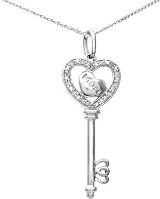 Anderson and Webb Sterling Silver Key Pendant Necklace for Women, with Diamonds, Inspirational Jewellery for Women,Mum Detail, Silver Necklace with 18 Chain, Gift Box Included