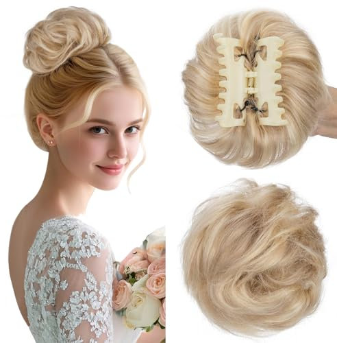 Silk-co Haarteile Echthaar mit Klammer, 42g Dutt Haarteil Gelockt Haargummi mit Haaren, Haarschmuck Damen Messy Bun Haarteil, #12P613 Goldenbraun mix Bleichblond