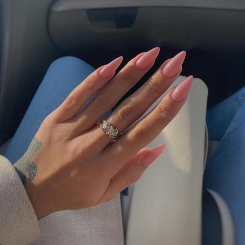 SXVME 48 Pcs Dark Pink Press on Nails Almond Medium Acrylic False Nails Medium Stiletto Natural Fake Nail Set Elegant Solid Color Full Cover Glossy Gel Stick on Nails for Women Daily Wear