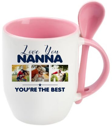 Giftme Personalised Photo, Love You Nanna You’RE The Best, Spoon Mug, Coffee, Tea Mug. (Pink)