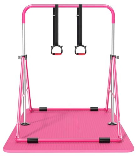 DOBESTS Gymnastikstange Kinder, Faltbarer Turnreck mit Rings und Matte Reckstange Indoor, Gymnastics Bars mit Verstellbarer Höhen(Rosa mit Matte)