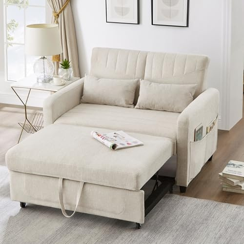 Merax Sofabett mit Schlaffunktion, ausziehbares Zweisitzer Schlafsofa, mit verstellbare Rückenlehne, atmungsaktiver Baumwoll-Leinen-Stoff, inkl. Kissen, für Wohnzimmer & Schlafzimmer, Beige