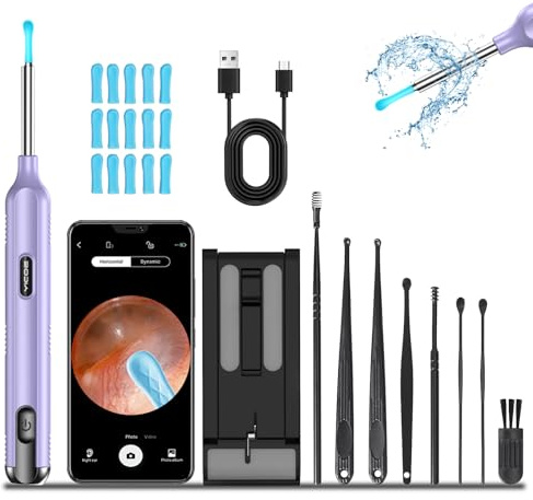 Wax Removal Kit for Ears, Ear Wax Removal Tool Built-in 1200P Camera, Earwax Removal Camera Kit with 15 Ear Set, 8 Traditional Tools, 1 Mobile Phone Stand, Ear Camera for iOS Android (Purple)