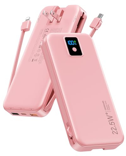 Ultra-Portables Ladegerät, 12000 mAh, leicht, Power-Bank mit eingebautem Kabel und AC-Wandstecker, SCP-22,5 W & PD-20 W USB-C-Schnelllade-Akku, LED-Display, Reise-Akku-Bank für alle iPhones, Samsung