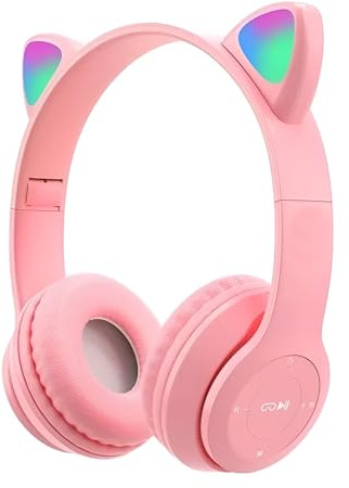 SterlingEdge Kids Wireless Headphones, Over Ear Bluetooth Headphones Cat Ear Earphone LED Light Foldable HiFi Stereo Child Headset for Girls Boys Birthdays Gift (Pink)