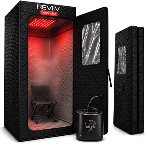 REVIIV Infrarot-Saunabox für Zuhause mit 660 nm & 850 nm Rotlichttherapie, faltbares Ganzkörper-Dampfsaunazelt, 1500 W Dampfgarer + Stuhl, 180,3 cm hoch (passend für 1,8 m 2,5 Zoll), 9 Heizstufen