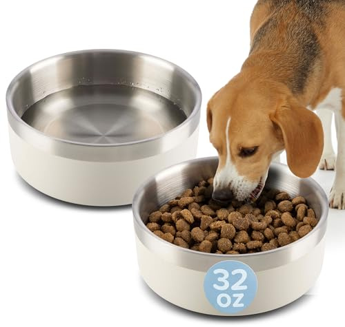 Set of 2 Stainless Steel Dog Bowls - 32oz Double Wall Insulated Food and Water Bowls for Dogs and Cats - Non Slip Metal Pet Dishes for Small-Medium Sized Pets - Puppy Essentials by PETMAKER (Cream)