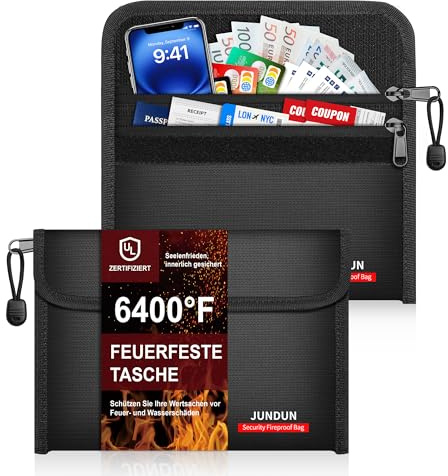 JUNDUN 2er-Pack 12-lagige feuerfeste Tasche, 21,5×15cm, 6400°F | Kleine Feuerfeste Geldtasche mit doppeltem Reißverschlussfach, sicherer Schutz für Bargeld, Reisepass, Quittung, Schwarz