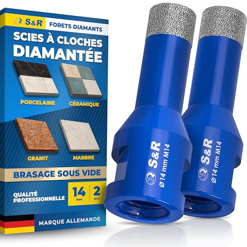 S&R Lot de 2 forets diamantés professionnels M14 pour carrelage 14 mm pour meuleuse d'angle, pour céramique dure, grès cérame, granit, porcelaine, marbre, carrelage