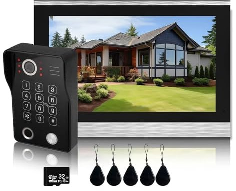 YFDGD 10 Zoll Video-Gegensprechanlage, Türsprechanlage Mit Touchscreen Und Kabelgebundener Türklingel, 1080P, 148°, APP-Passwort, Fingerabdruck-Kartenleser-Monitor Clear Display Allwetterwächter