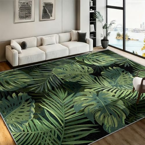WAOTMN Green Leaves Living Room Area Rugs,80x150cm,Tropical Jungle Palm Leaf Indoor Throw Carpet,Summer Plants Print Floor Mat, Thin Breathable Low Pile Rug for Home Bedroom