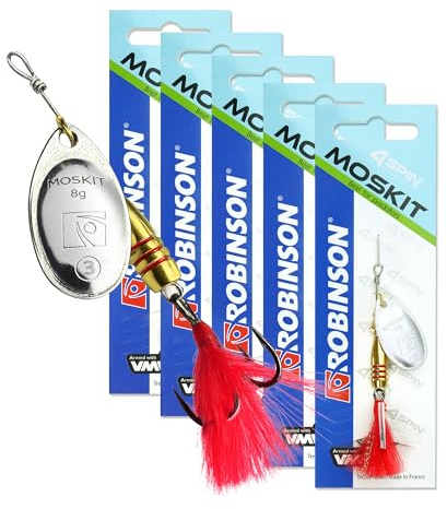 ROBINSON Spinner Angelköder 5er Set | für Hecht, Barsch, Zander & Forelle | Starke Druckwellen durch breites Metallblatt · VMC-Drilling auf Edelstahl · Feder am Haken · 5er Sparset