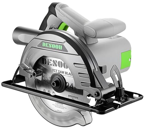 DESOON Sierra Circular de 1200 W, 4800 RPM, Incluye una Regla Guía y 2 Hojas de Sierra (165 mm, 24T y 40T), Profundidad de Corte de 55 mm (90°) y 33 mm (45°), para Corte de Madera