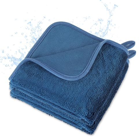 Aomig Paños de Limpieza de Microfibra, Paquete de 2, 60x40 cm Trapos de Cocina, Toalla Secado Coche, Extra Absorbentes, Limpieza por Ambos Lados, sin Pelusa, sin Arañazos, Azul