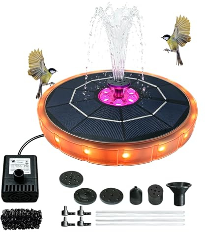 Fontaine Solaire Exterieure de Jardin, 3,8w Fontaine Solaire Flottante pour Bassin Et Bain Doiseaux 5 Modes de Jet LED Colorees Filtre Eponge pour Decoration Jardin Terrasse Piscine