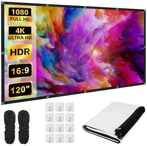 Huiguli Projector Screen 120 Inch, 16:9 HD 4K Foldable Anti-Crease Movie Screen, Portable Projection Screen Outdoor Indoor, Washable White Movie Screen for Home Theater, School, Meetings, Camping