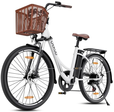 Qekud E Bike Damen/Herren, 26 Zoll/27.5 Zoll Elektrofahrrad, 90-100 km Reichweite, 250 Watt Leistung, mit 36V 13Ah Li-Ion Akku mit Korb, 7-Gang Schaltung und Display