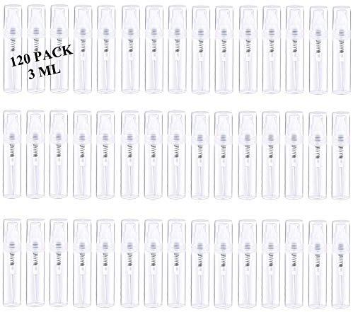Mini botella de spray de plástico transparente portátil de perfume, atomizador para limpieza de boca, viajes, aceites esenciales, perfume, 120 unidades de 3 ml